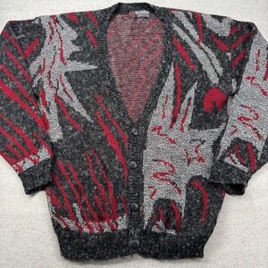 Vintage 80s Scandia Cardigan Sweater Mens M Red Gray Geometric Grandpa USA Made
